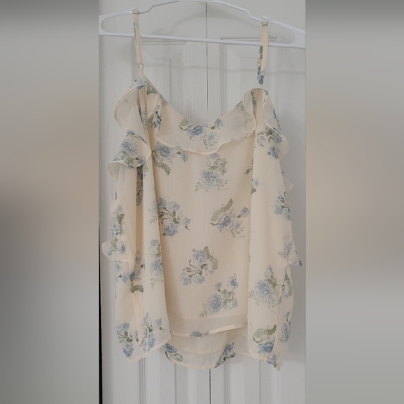 Loft Floral Ruffle Blouse - Cream and Blue Sz L - Picture 7 of 9